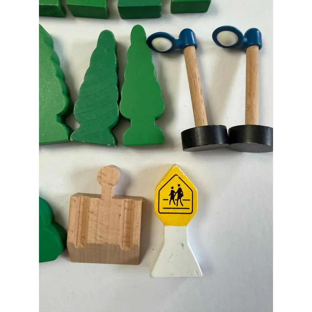 Assortment of Wooden Train  Accessories Track Signs Trees Green Brown